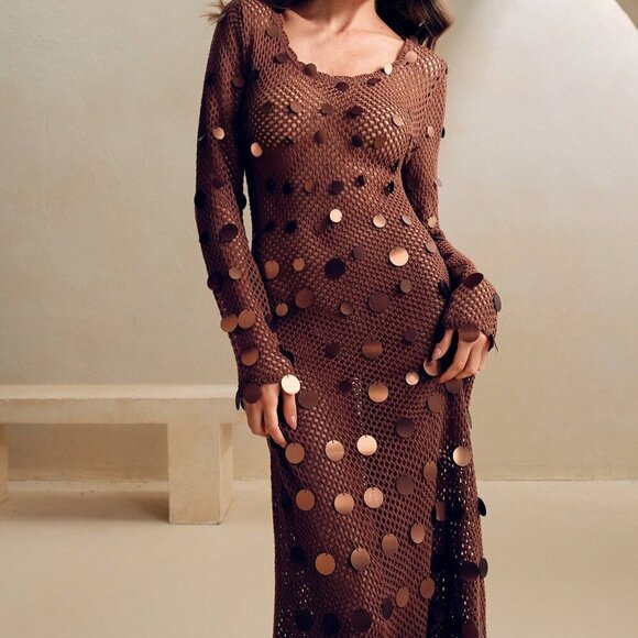 Coffee Brown Elegant Women's Sequined Crochet Long-Sleeve Dress - Picture 3 of 6